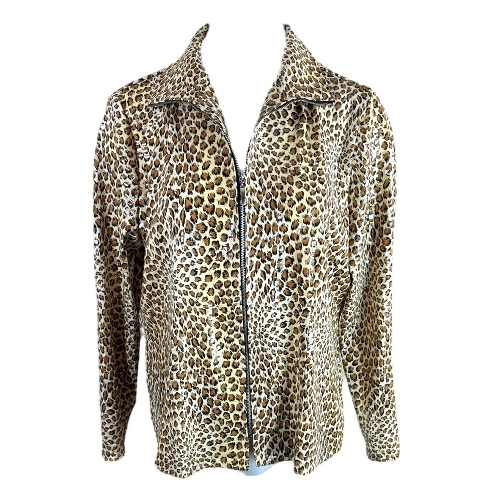 Exclusively Misook Brown Leopard Print Full Zip Shiny Jacket SZ L